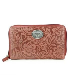 Long Horn Red Embossed Floral Zip Wallet